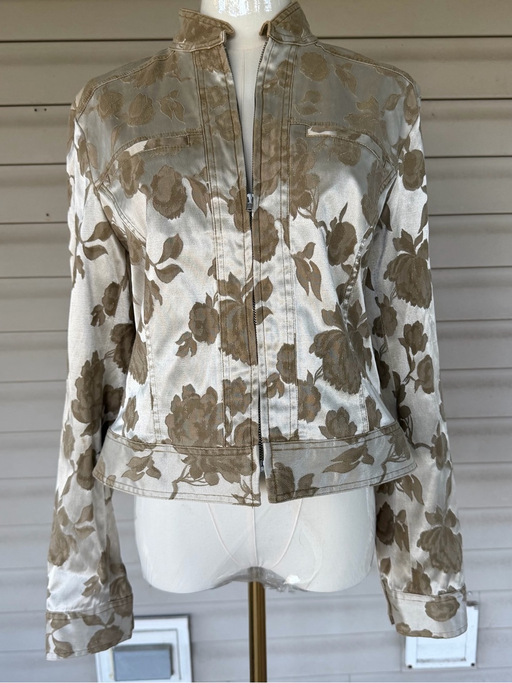 Vintage Donna Degnan Women 12 Ivory Gold Floral Brocade Zip Jacket Y2K